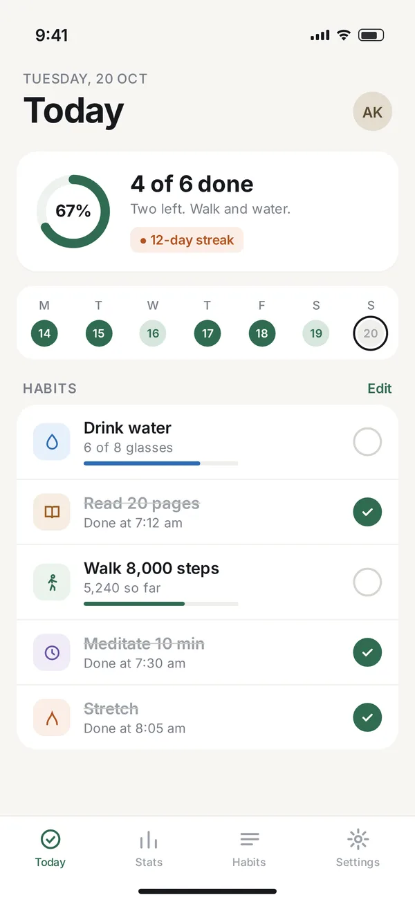 Raw screenshot of a demo habit-tracker app